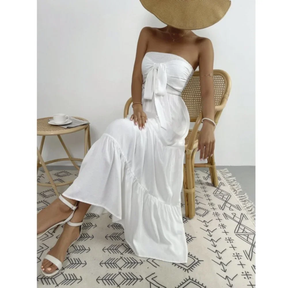 Boho Tie Front Shirred Ruffle Hem Tube Dress WHITE - Picture 2 of 6